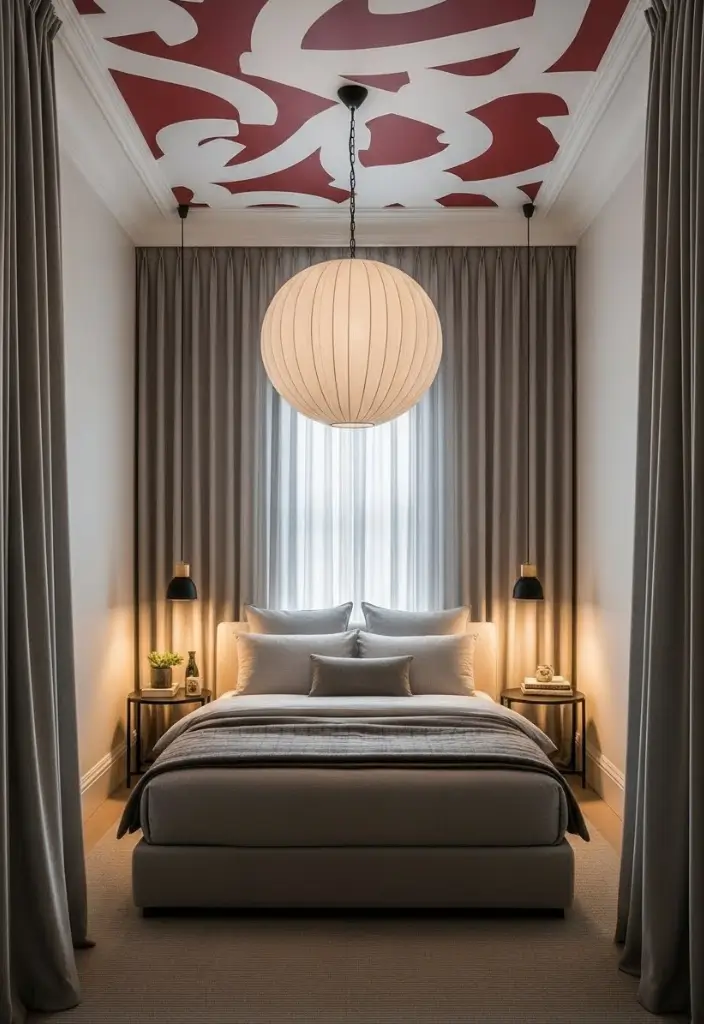 Small bedroom with bold ceiling, floor-to-ceiling curtains, oversized pendant, and vertical design tricks.