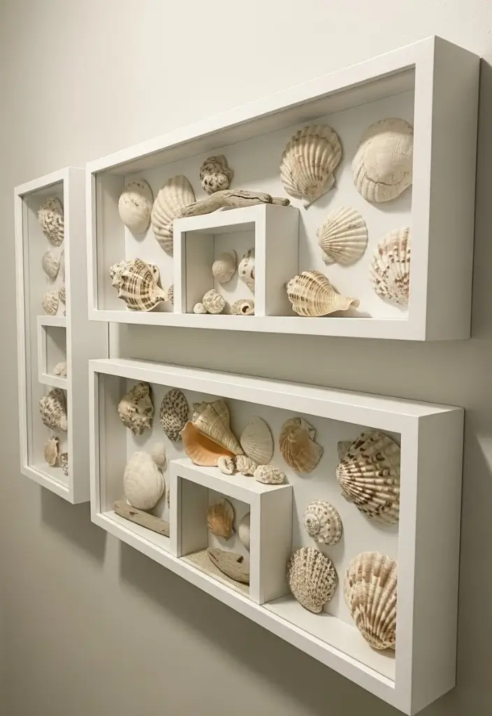 White shadow boxes with seashells, coastal wall décor, clean, bright, and personal display.
