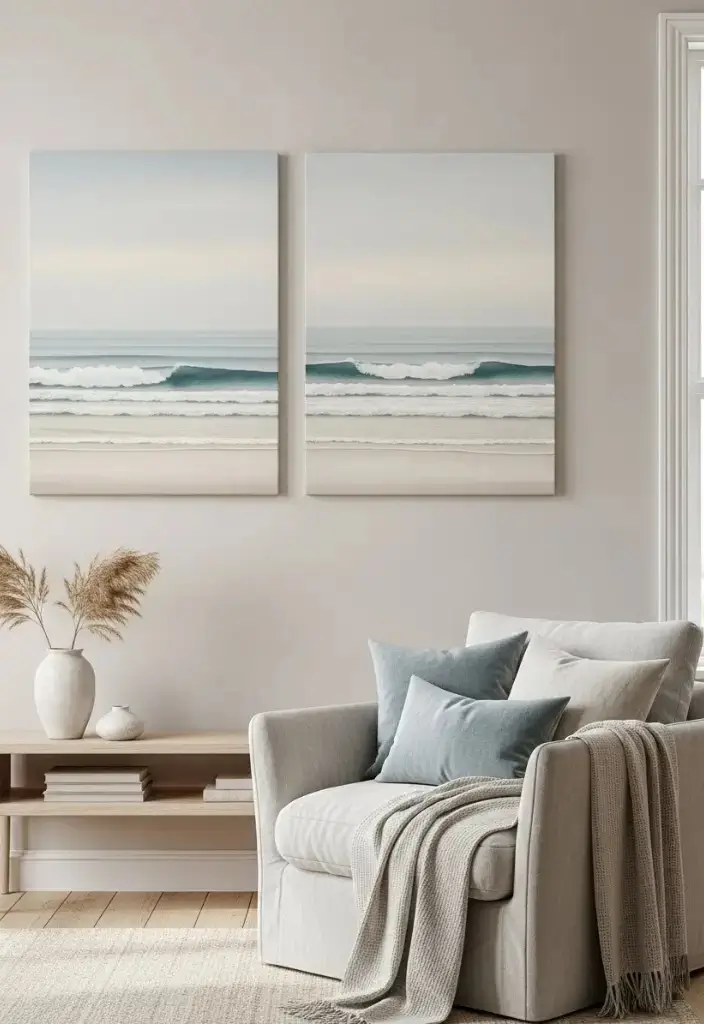 “Bedroom or living room wall with misty blue and white coastal canvas prints, calm serene décor.”