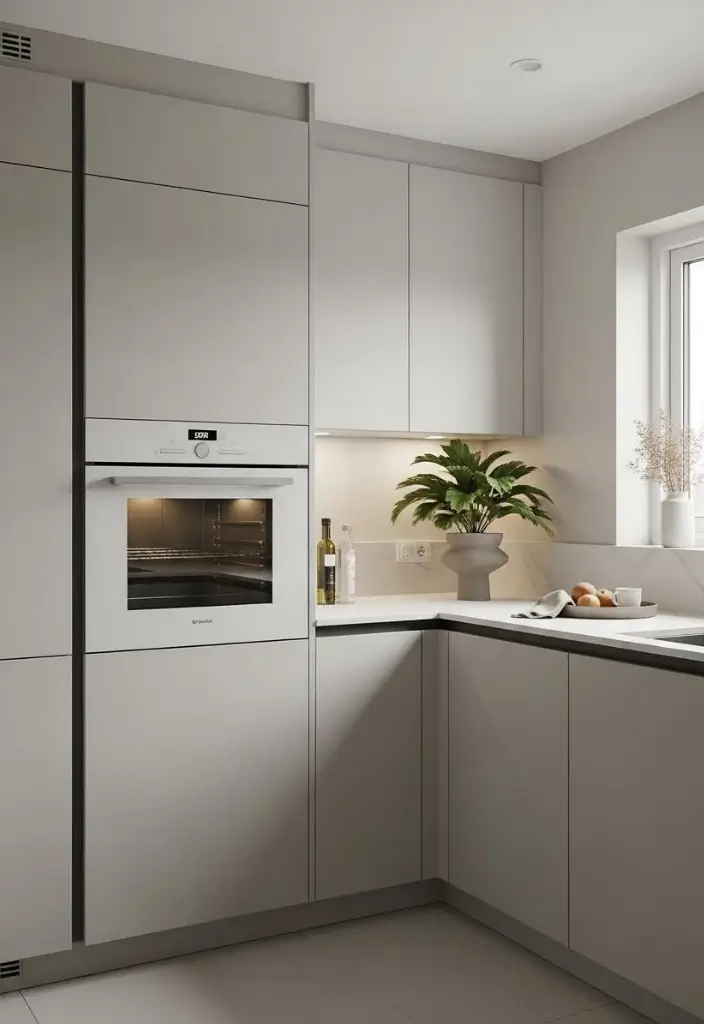 “Sleek minimalist kitchen with handleless cabinets, hidden appliances, single color, and one plant.”