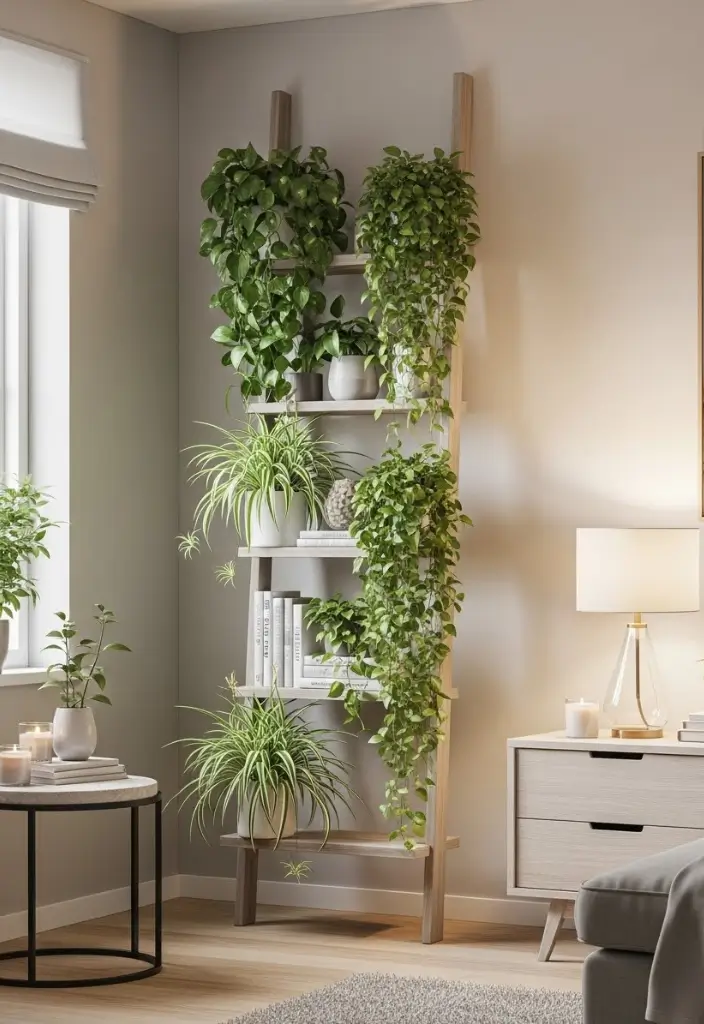 Ladder shelf with trailing pothos and spider plants in living room, vertical greenery for small space.