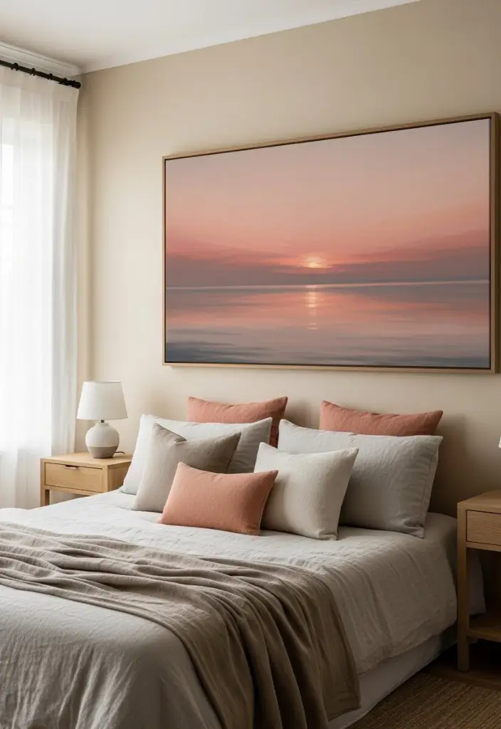 “Large sunset painting above bed, warm pinks and oranges over water, calming coastal bedroom vibe.”