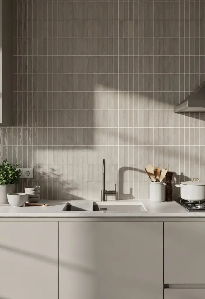 “Kitchen with floor-to-ceiling backsplash, vertical stacked tiles, matching grout, neutral cabinets.”