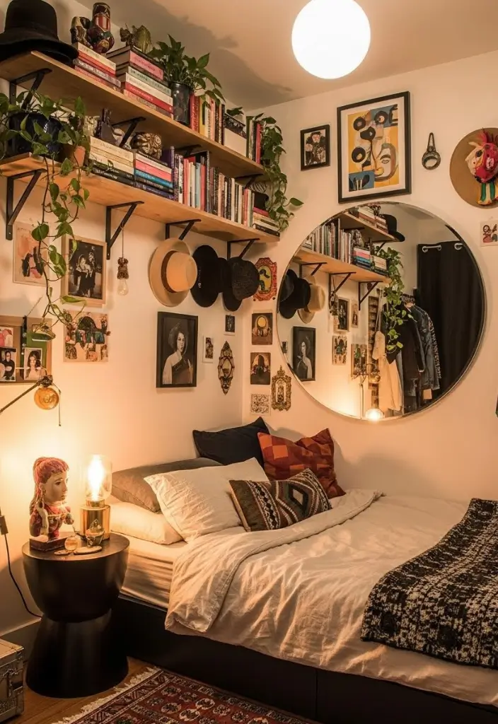 Tiny maximalist bedroom with floating shelves, large round mirror, and a low bed in a cozy eclectic style.