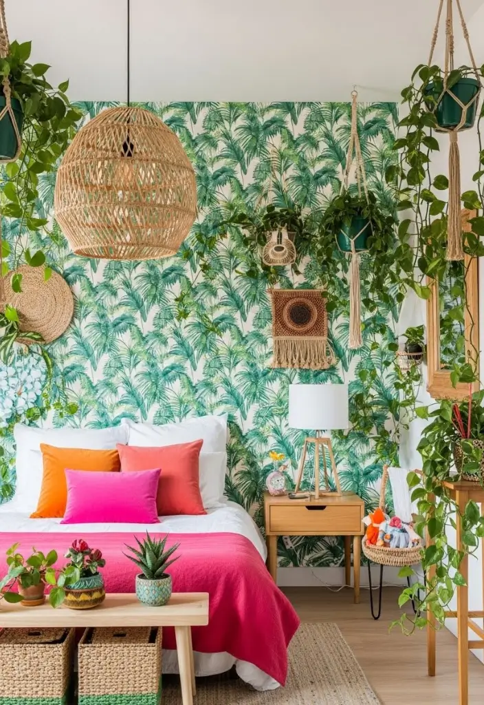 Tropical eclectic bedroom with palm wallpaper, rattan pendant, bright pink accents, and layered plants.