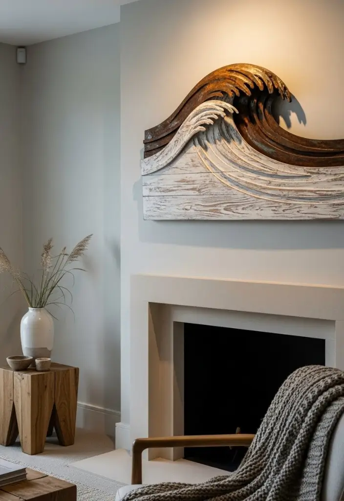 “3D wave sculpture above bed or fireplace, textured metal or wood, coastal wall décor with depth.”