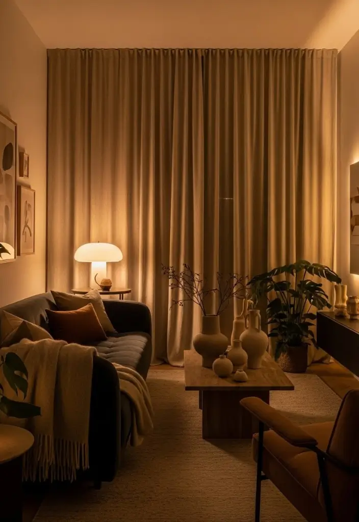 Living room with velvet sofa, linen curtains, warm lamps, and LED backlighting for a soft textured glow.