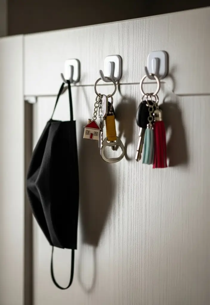 “Closet door with adhesive command hooks holding keys and mask, minimalist renter-friendly setup.”
