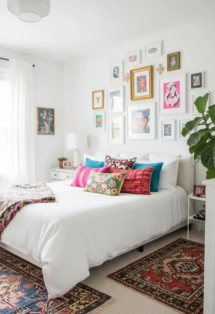 Bold eclectic apartment with teal accent wall, velvet chair, layered rugs, and brass lighting.