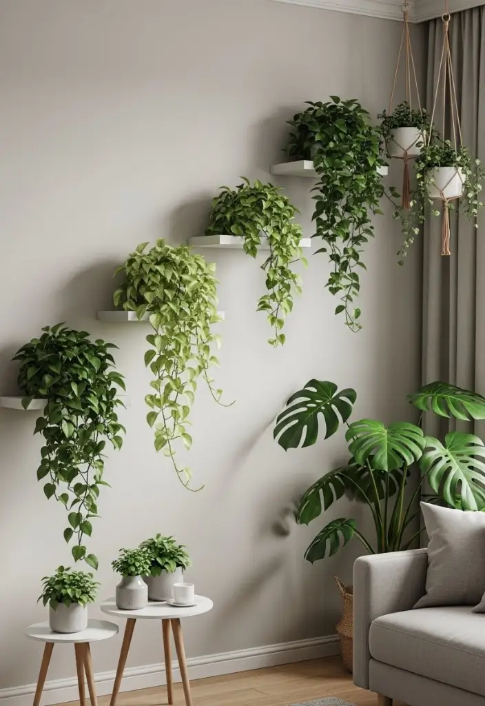 Urban jungle living room with monstera, pothos, and philodendron on staggered shelves, lush vibe.
