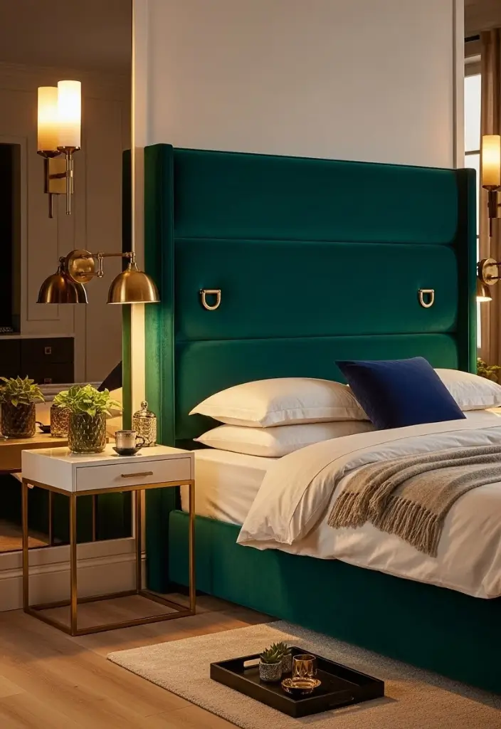 Bedroom with tall velvet headboard, brass accents, cream bedding, and jewel-toned luxurious style.
