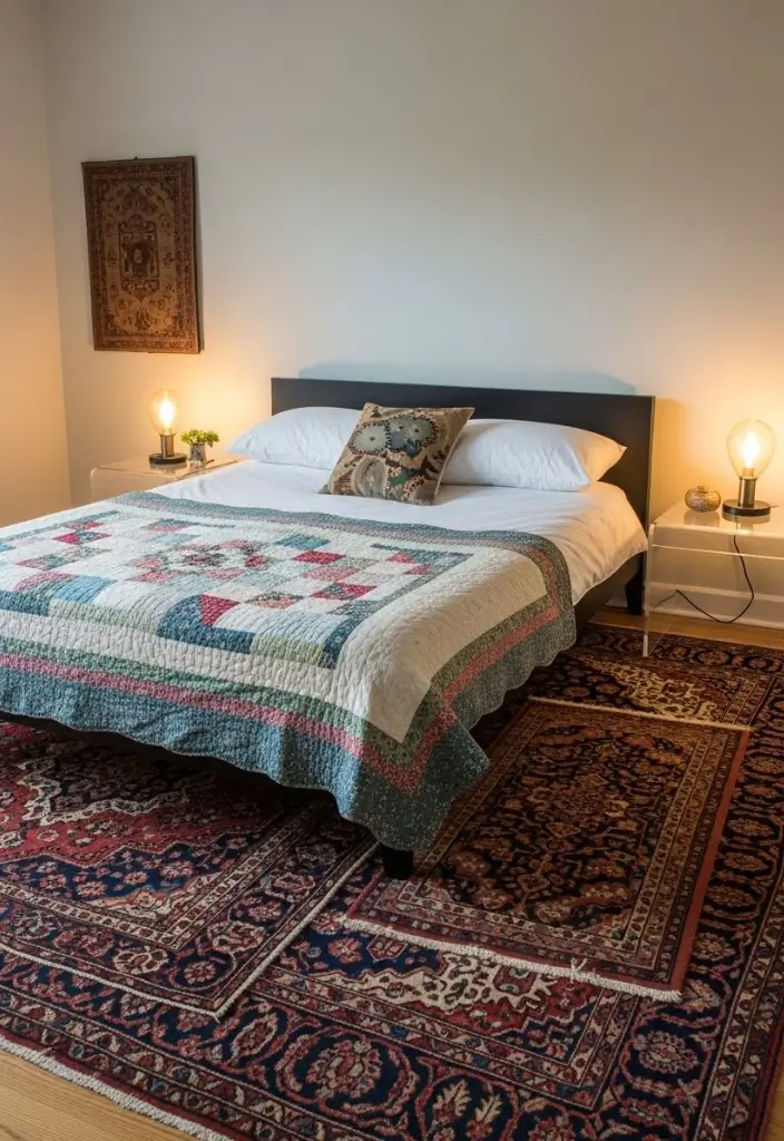 Bedroom with Persian rug, modern bed, vintage quilt, acrylic side table, layered eclectic style.