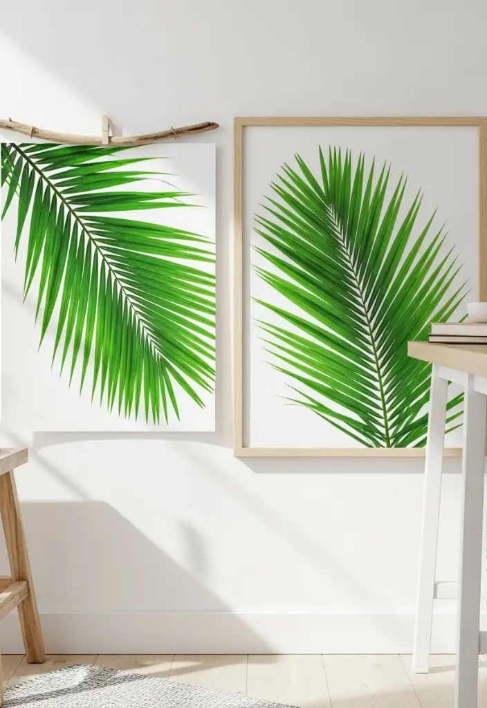 “Vibrant green palm leaf prints on white wall, clipped or framed, fresh coastal interior décor.”