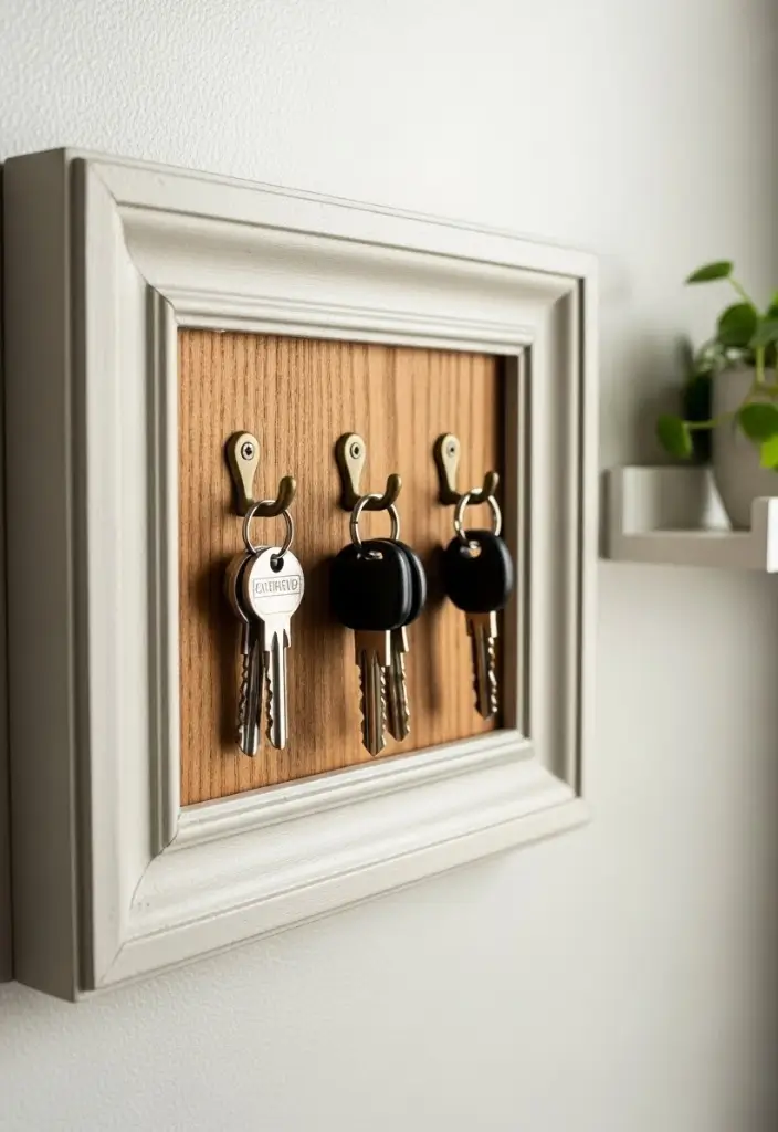 “Vintage wooden frame key holder with brass hooks on neutral wall, small plant nearby, charming entryway.”