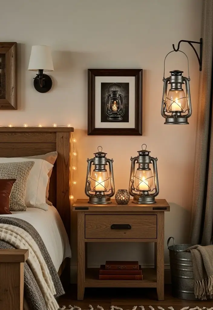 Western bedroom with vintage lanterns on nightstands, hanging lantern, soft ambient glow, rustic style.