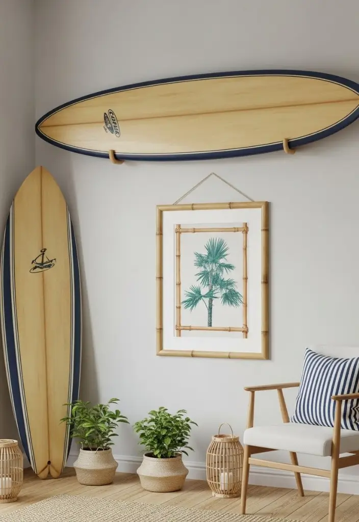 Vintage surfboard leaned in corner, nautical beach décor, relaxed coastal statement piece.