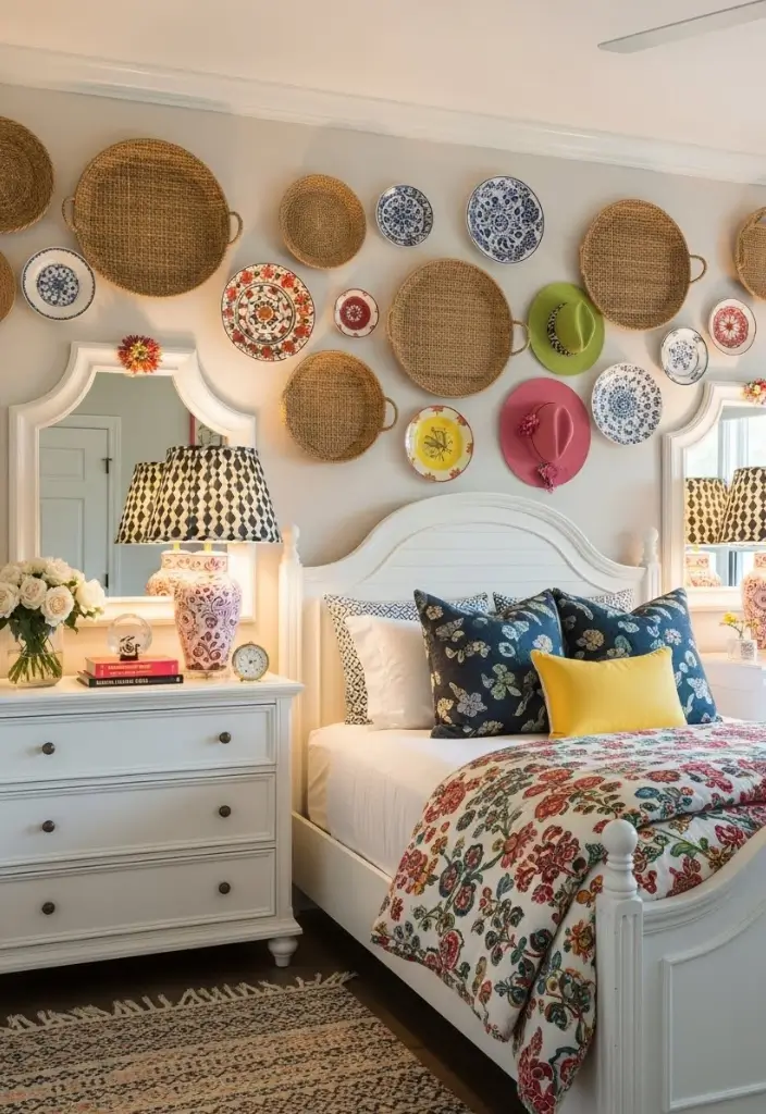 Guest bedroom with white furniture, colorful wall décor, patterned quilt, and playful lampshades.