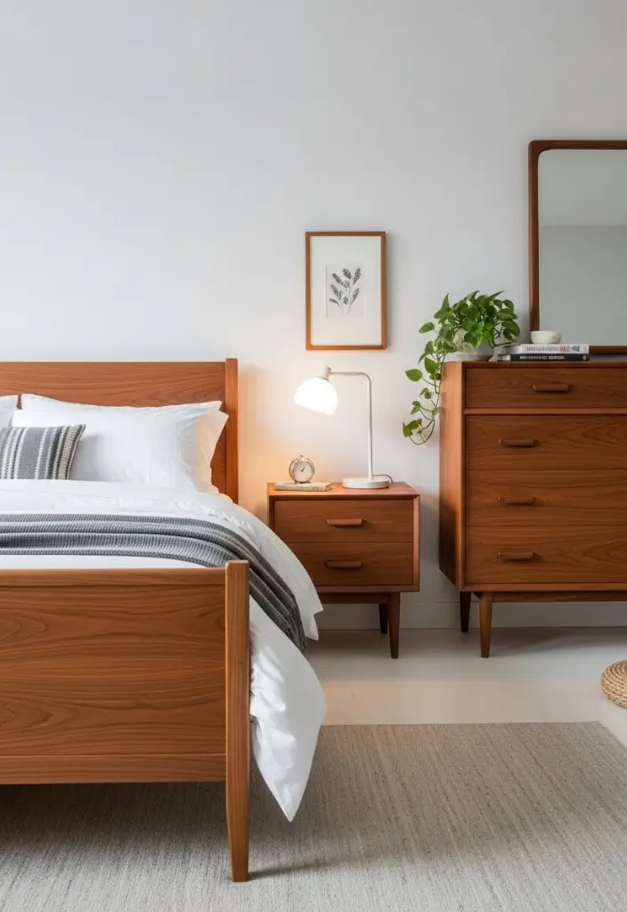 Bedroom with mid-century walnut furniture, crisp white bedding, minimal décor, and warm wood accents.