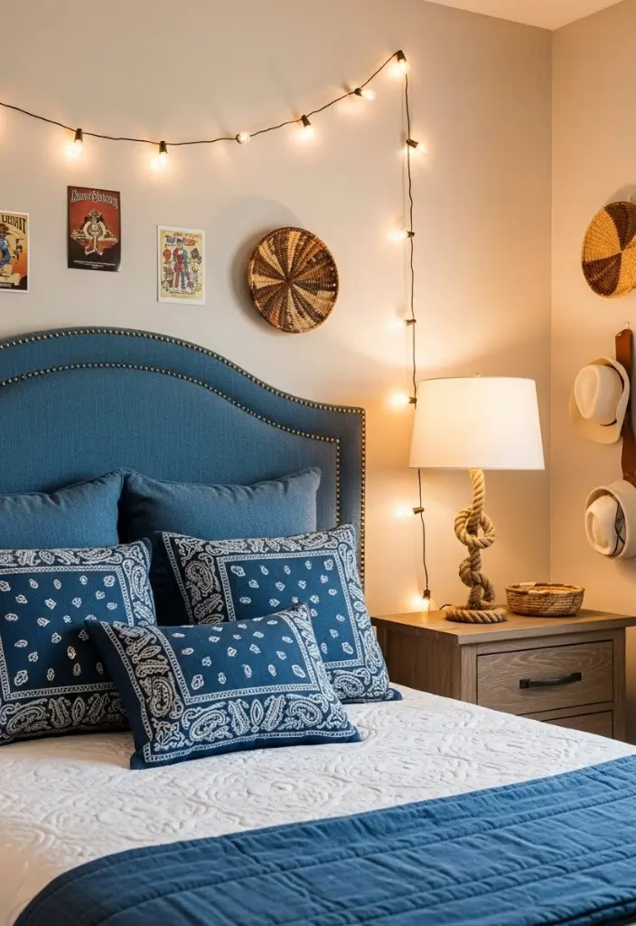 Teen western bedroom with denim headboard, bandana pillows, rope lamp, and string light accents.
