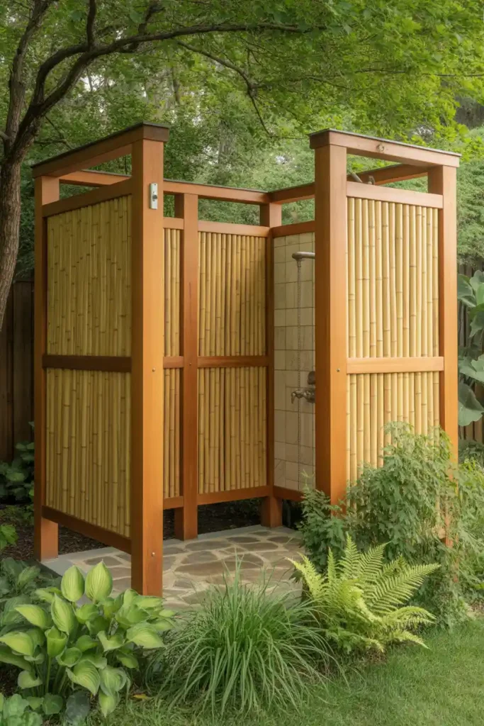 Outdoor private shower screens made from bamboo and wood slats
