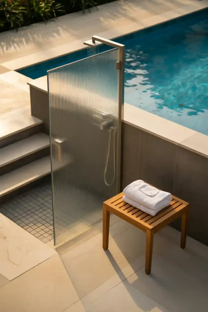 Poolside outdoor shower with privacy panel and towel bench