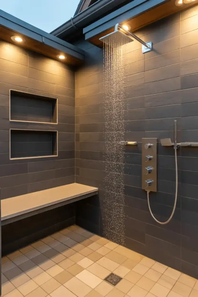 Luxury modern outdoor shower with shelves, stone floor, and rain shower