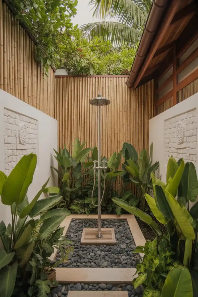 Tropical outdoor shower with bamboo walls and lush plants