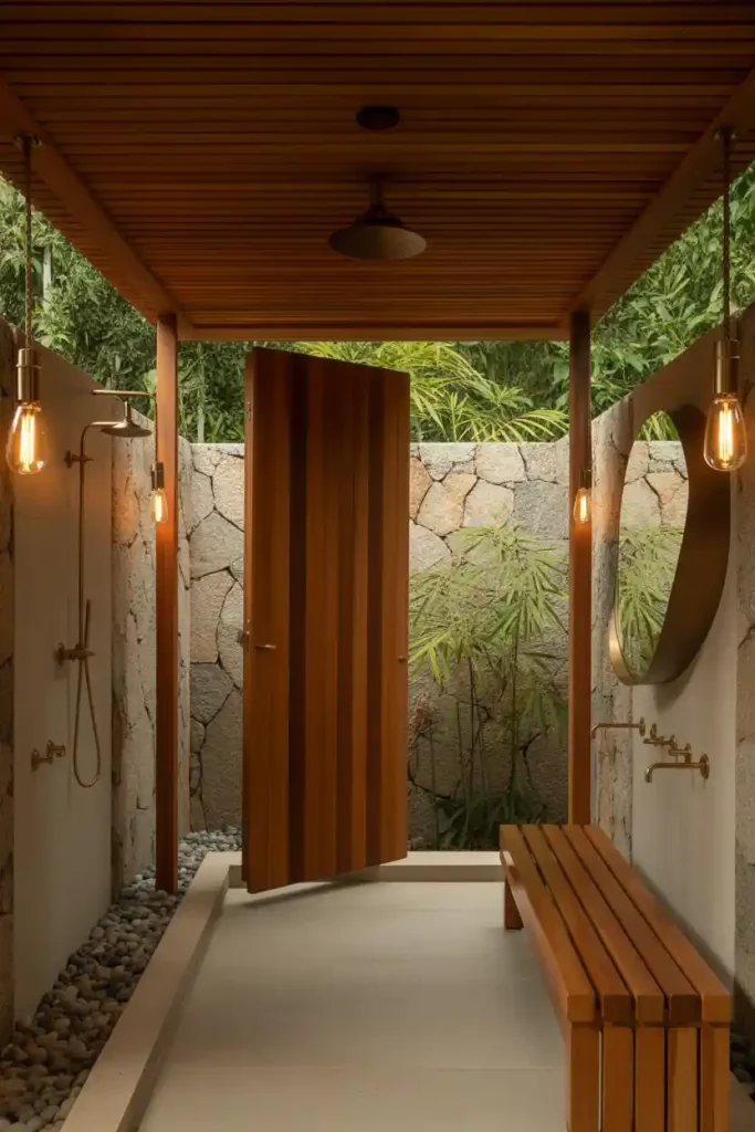 Fully private outdoor bathroom with enclosed shower and accessories