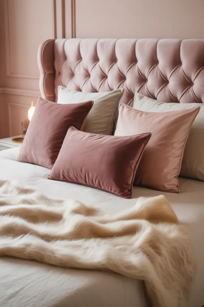 Pink bedroom enhanced with rich textures and fabrics