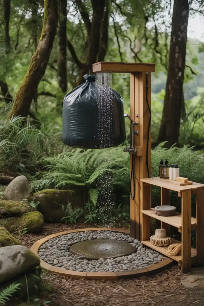 Eco-friendly private outdoor shower with solar water and gravel base