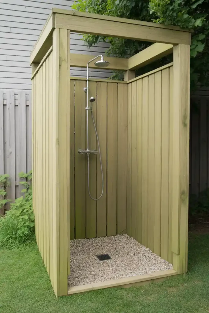 DIY private outdoor shower with wooden frame, hose connection, and gravel floor