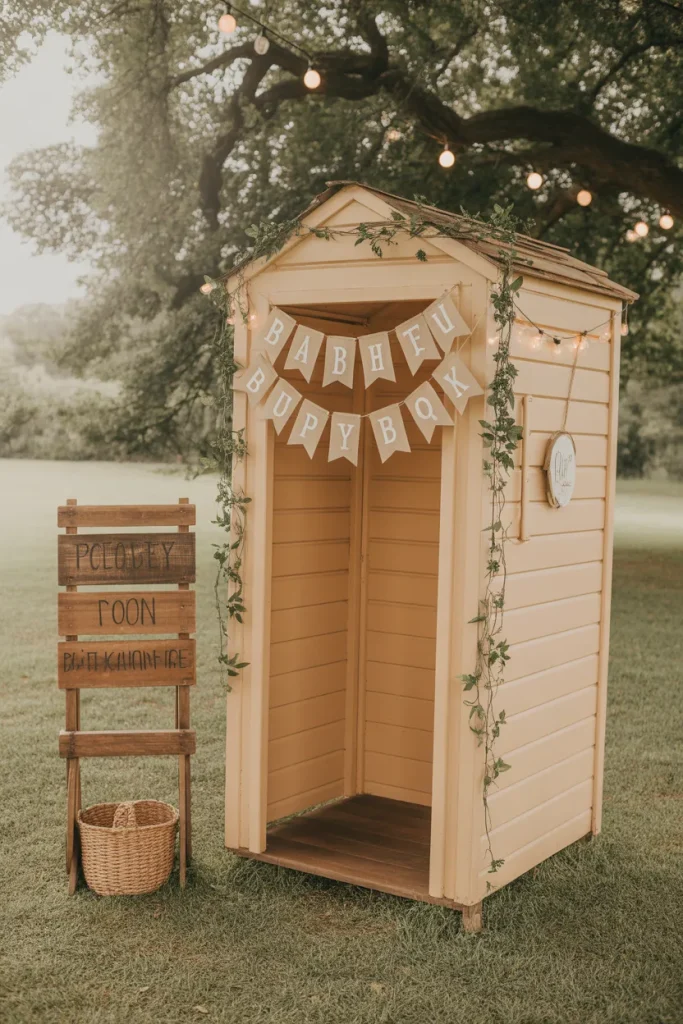 Rustic outdoor baby shower photo booth with wooden signs and fairy lights