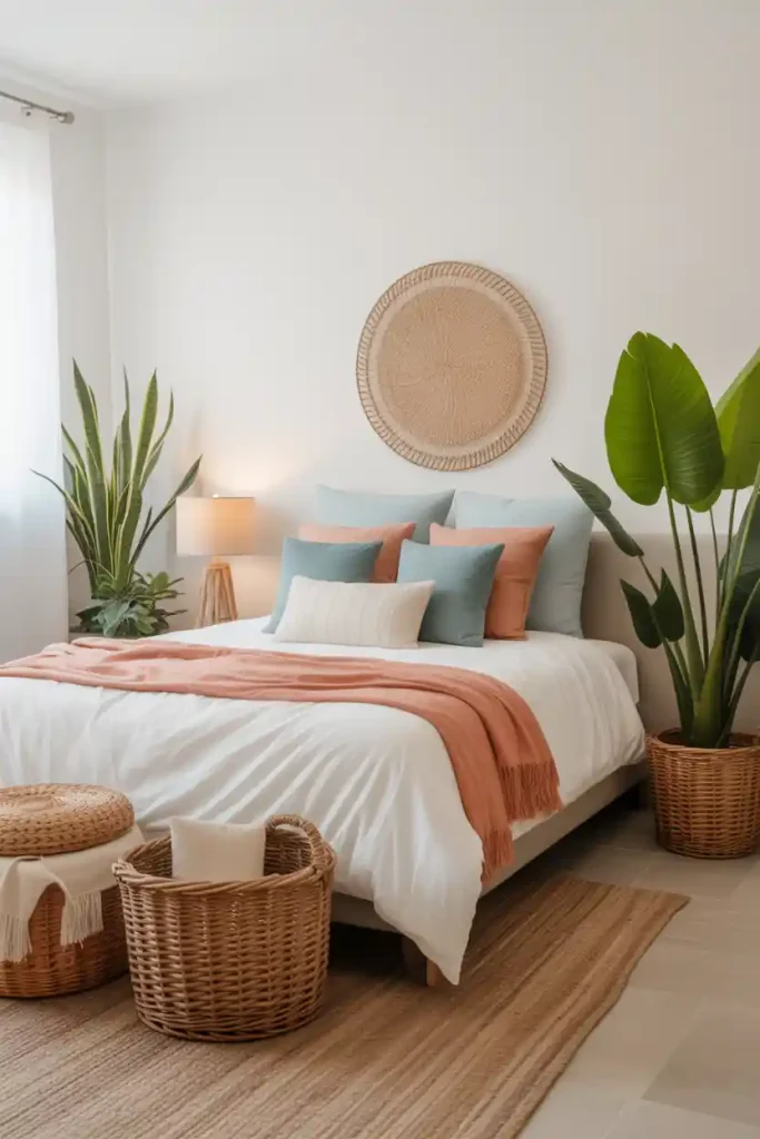 Beachy bedroom featuring jute rugs, woven textures, soft blue accents, and plants for a relaxed coastal feel