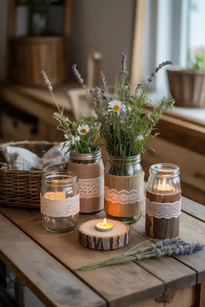 Upcycled DIY home decor made from jars, wood scraps, and fabric