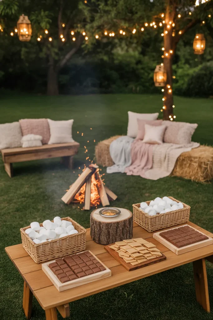 Campfire s’mores station at an outdoor baby shower