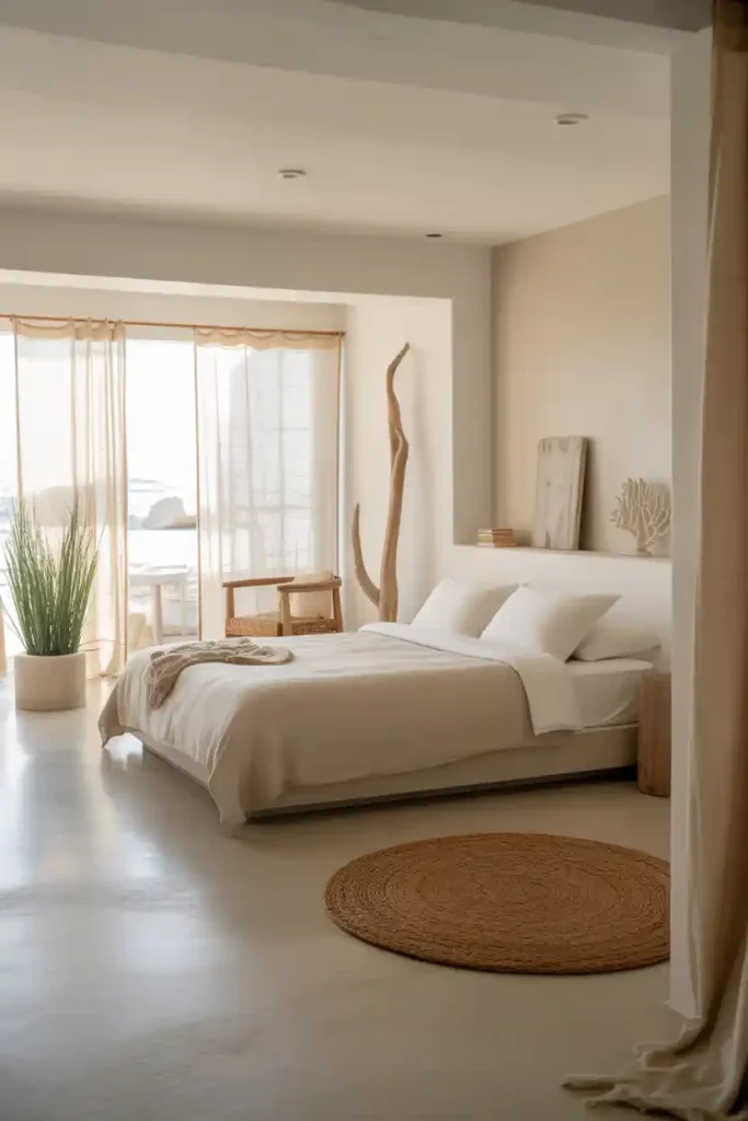Serene coastal bedroom with minimal decor, neutral colors, and soft lighting creating a peaceful seaside atmosphere