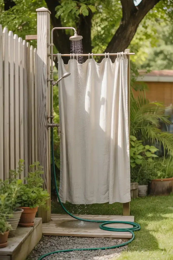 Quick DIY outdoor shower with curtain privacy and fence-mounted shower head