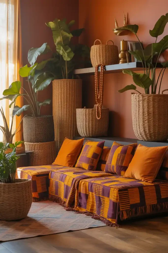 Afrohemian fusion home decor with woven textures and bold patterns