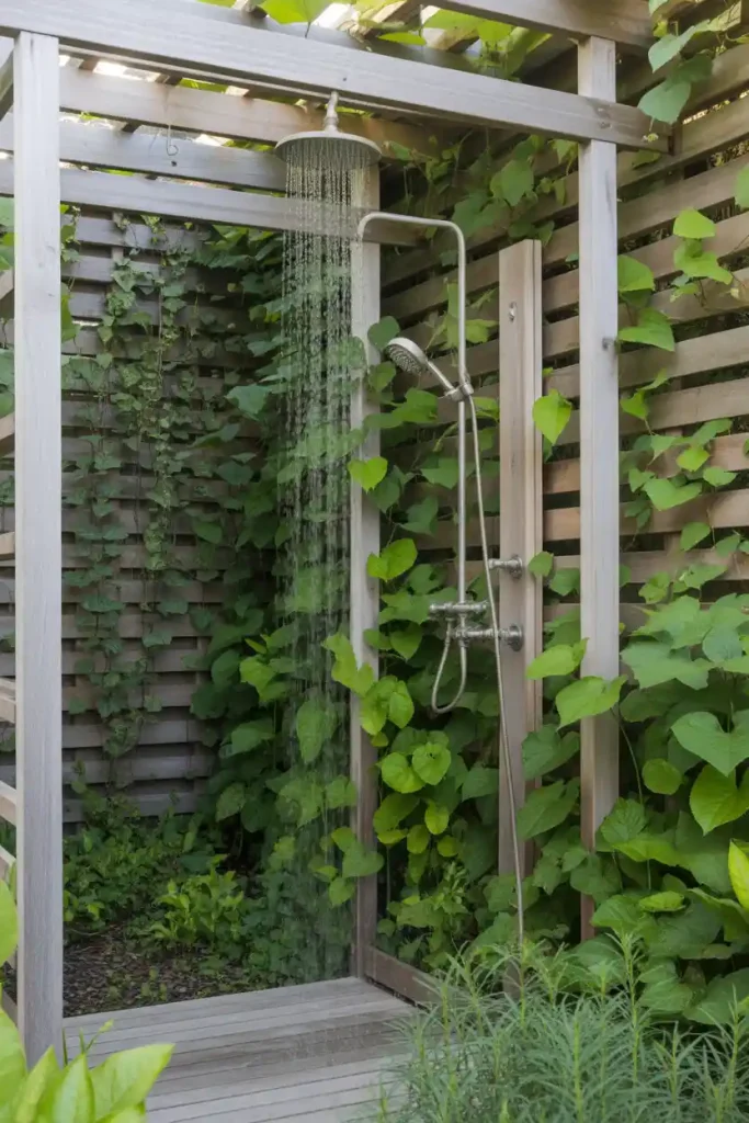 Outdoor shower with trellis and climbing vines for natural privacy