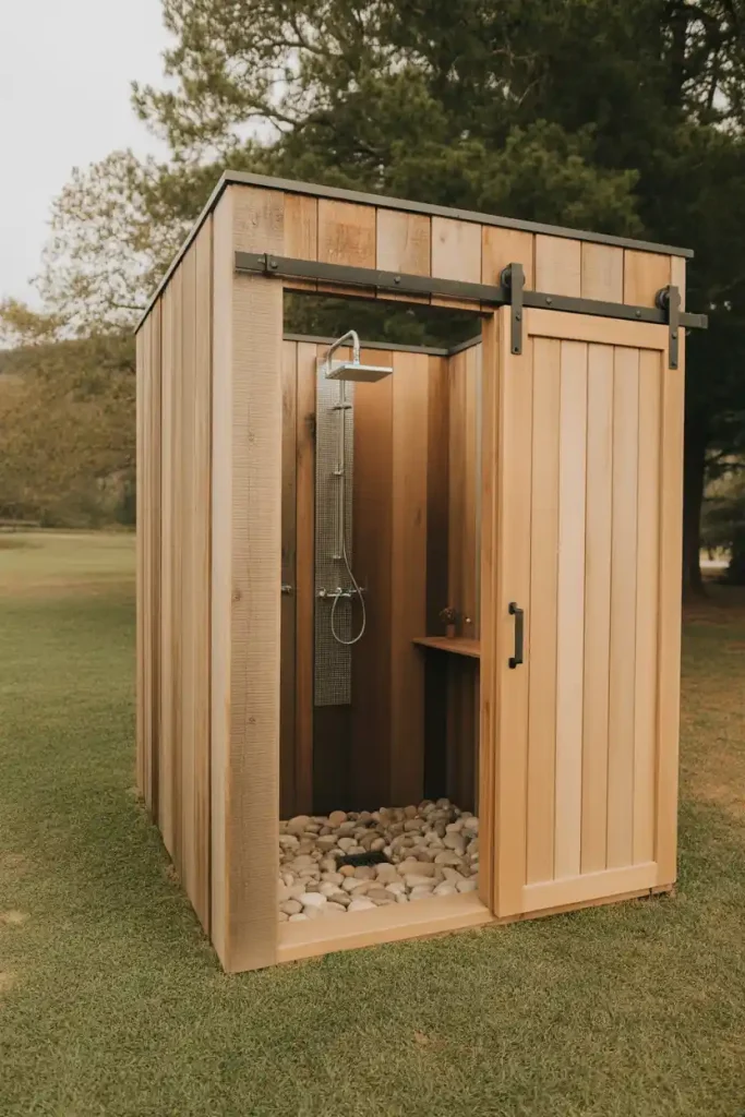 Rustic farmhouse outdoor shower with wood enclosure and barn door