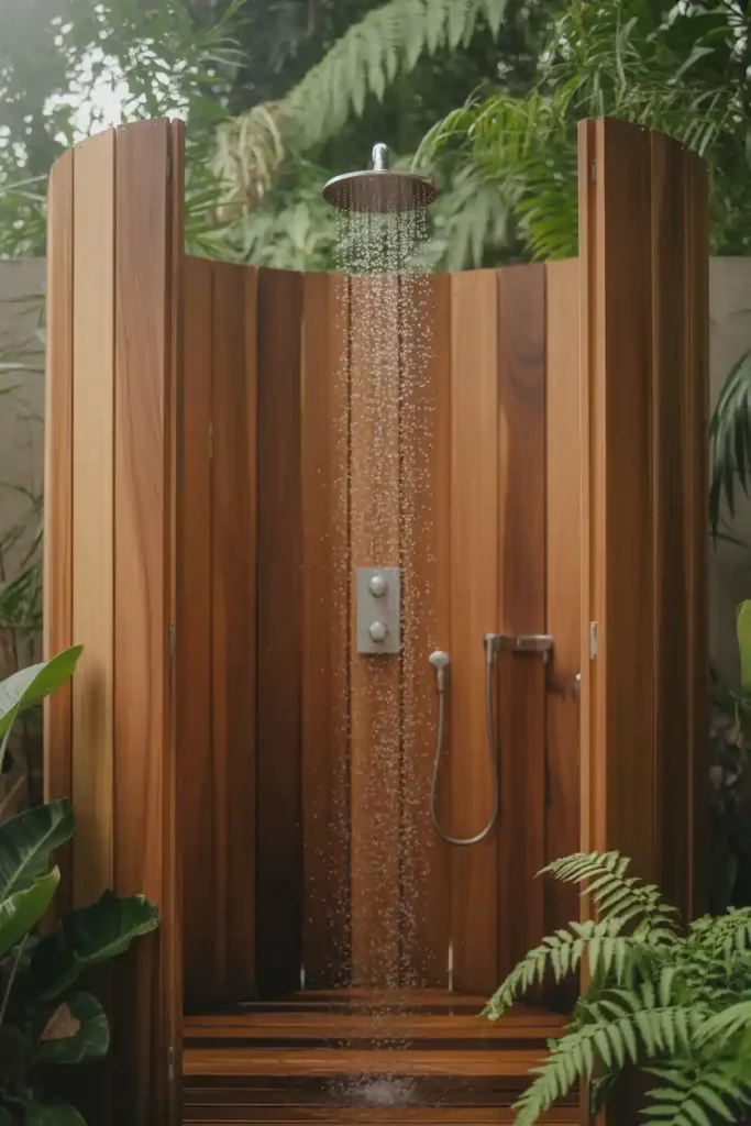 Fully enclosed backyard outdoor shower with wooden privacy walls and rainfall shower head