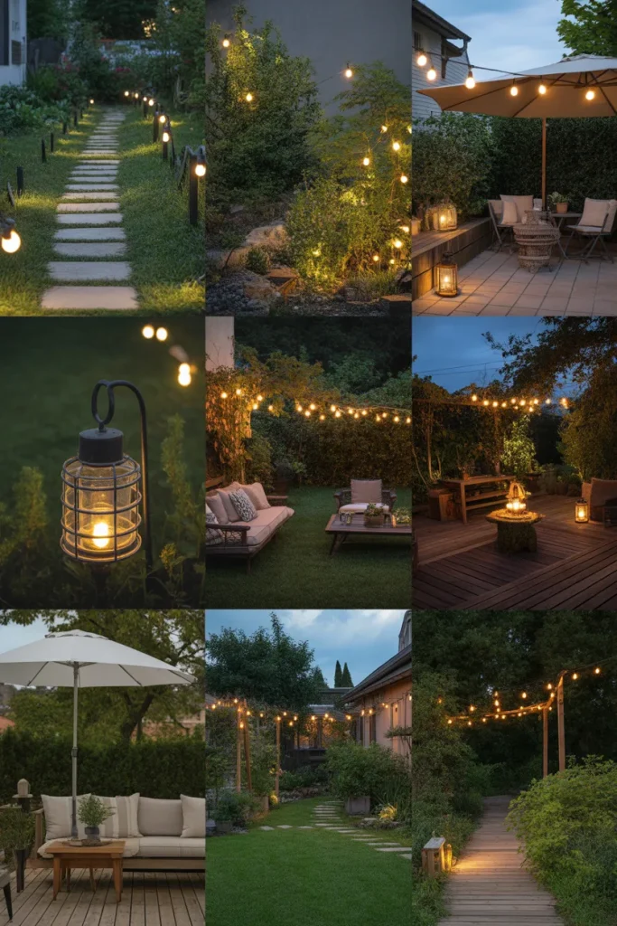 Collage of garden lighting ideas featuring solar pathway lights, string lights, and lanterns creating a warm and inviting outdoor space at night